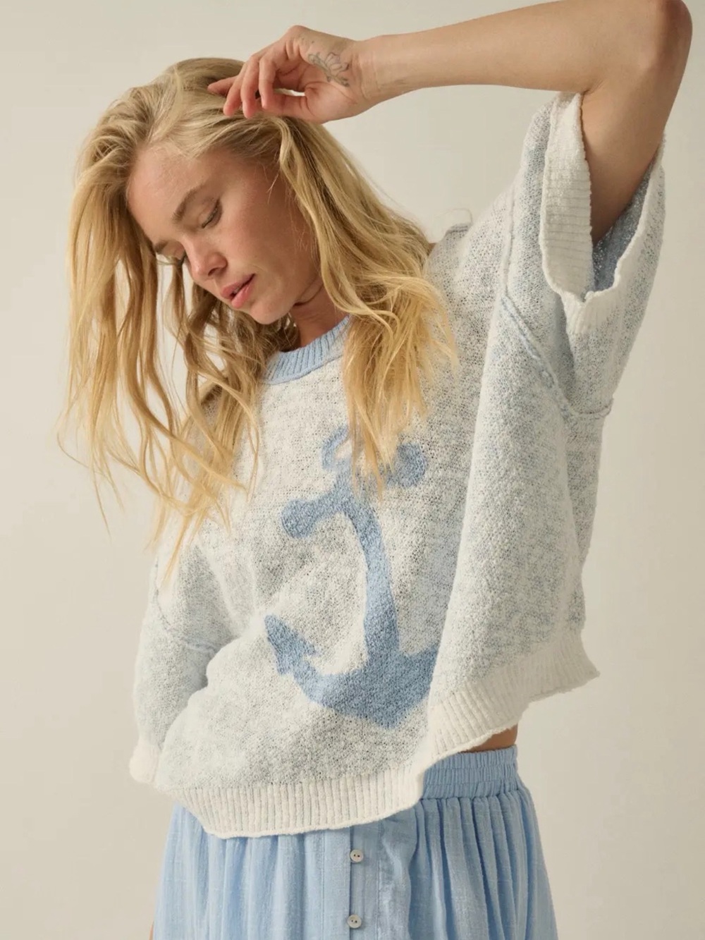 Light Blue Anchor Knit Sweater - Women's Cozy Pullover